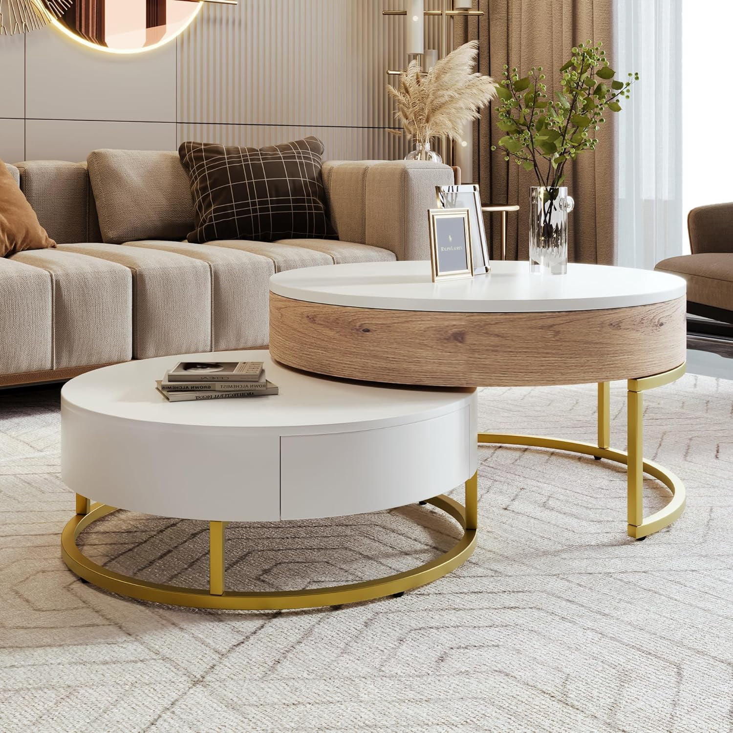 White Coffee Table Set Φ27.5'' Nesting Coffee Table with Marble Grain Table Top for Living