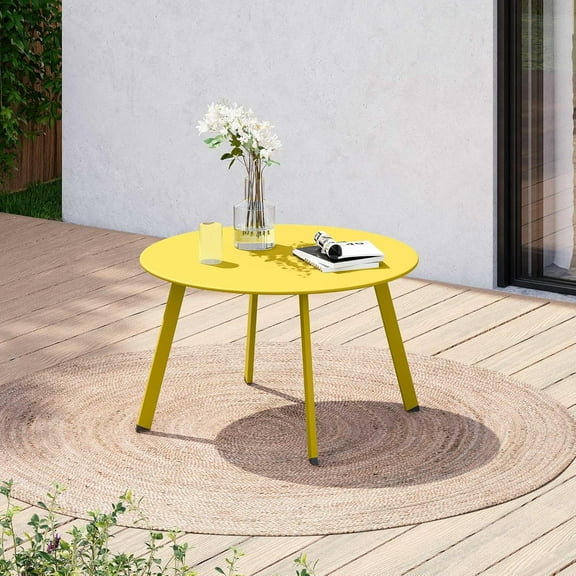 27.5 '' Outdoor Round Steel Coffee Table, Weather Resistant, Anti-Rust Side Table, Yellow