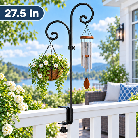 PENDALI 27.5 in Shepherds Hooks for Outdoor, Double Hook Bird Feeder Pole with Clamp-On Railing Mount for Plants, Lanterns and Garden Decor
