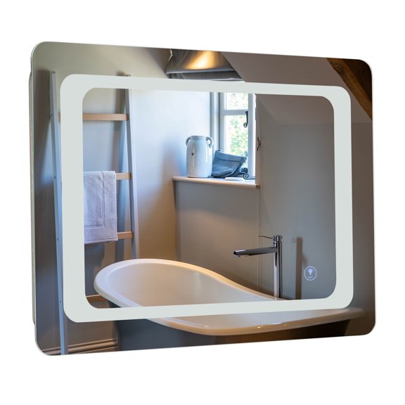 27.5" Silver Wall Mirror with Built-In Smart LED Lighting & Touch Control Dimming Glass Aluminum AlloyMetal