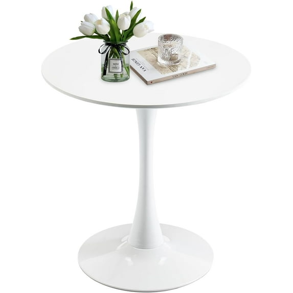 27.5" Small Round Dining Table, Modern Tulip Style Table for 1-2 People, Space-Saving Table for Dining Room, Kitchen, or Cafe, White Pedestal Base