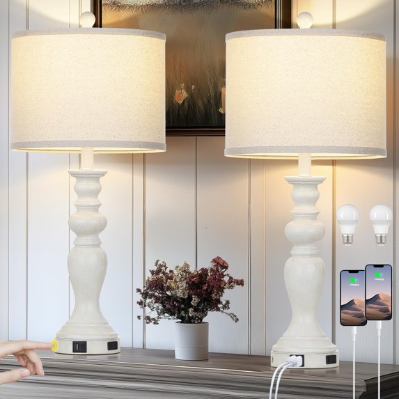 27.5" Table Lamps for Living Room Set of 2, 3-Way Dimmable Farmhouse Table Lamps with USB C+A Ports, Bedside Lamp for Nightstand, Touch Lamp for Bedroom, Dinning Room, Desk, Office, Beige