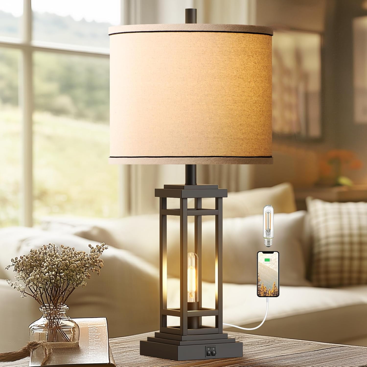 27.5 Tall Farmhouse Table Lamp with USB C + USB A Charge Ports, Rustic Living Room Lamp, Black Industrial End Table Lamp for Bedroom Living Room Nightstand (Black)