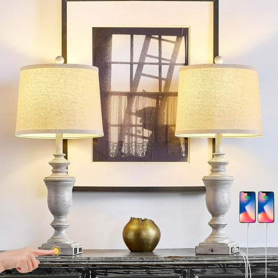 27.5" Vintage Farmhouse Table Lamps Set of 2 Bedside Lamp, 3 Way Dimmable Bedroom Lamps with 2 USB Ports +AC Outlet Touch Nightstand Lamp Rustic Lamp (Antique Gray)