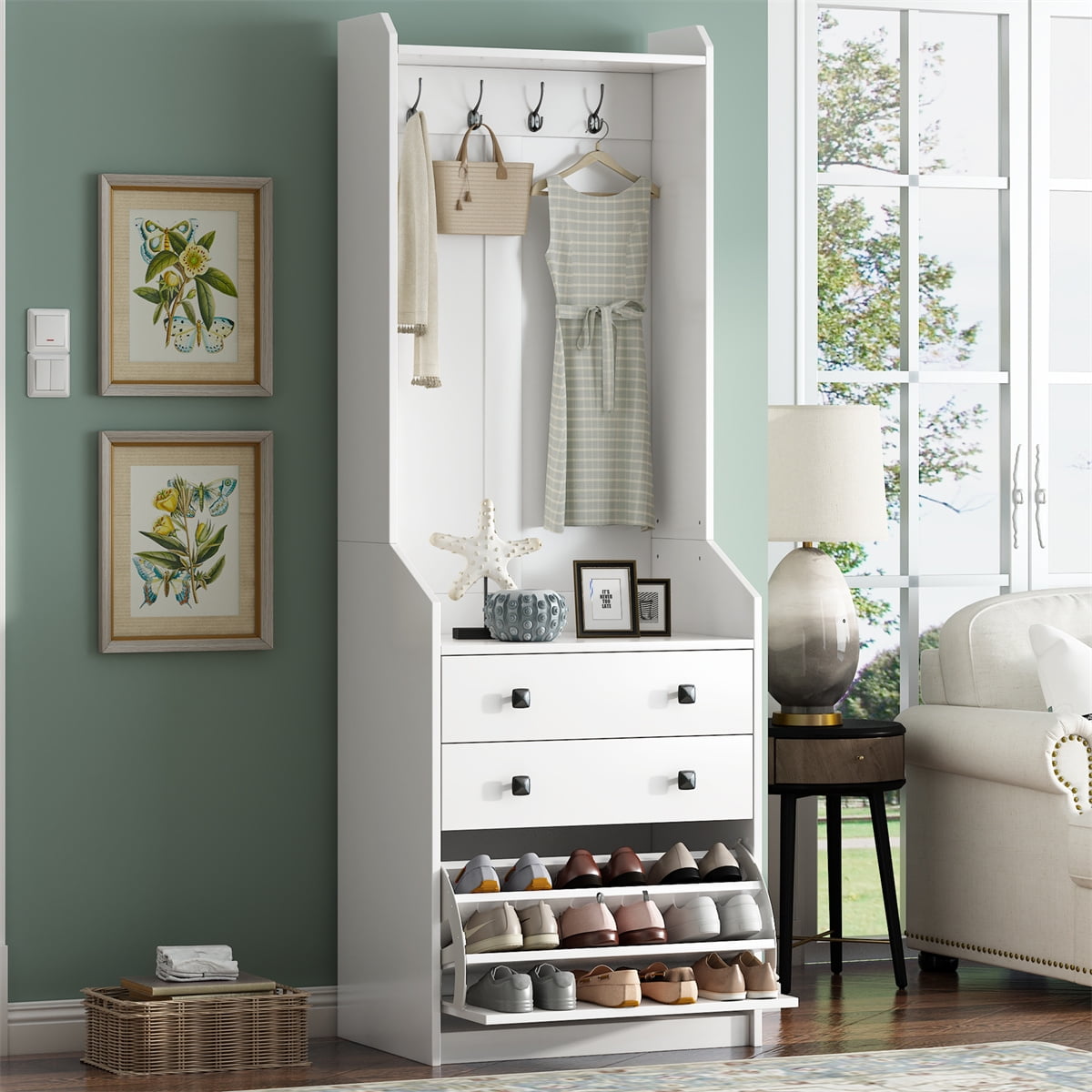 27.5 W Narrow Entryway Hall Tree with Flip Drawer Multi functional Coat Rack with 4 Hanging Hooks Drawers Adjustable Shoe Storage Cabinet for Hallway Living Room Walmart