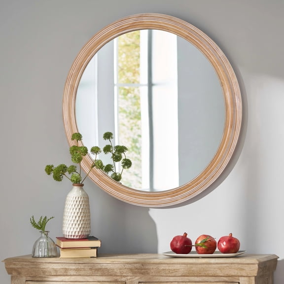 27.5 in Round Wall Mirror w/ Whitewash Wooden Frame, Farmhouse Style Circle Mirror for Bathroom Vanity, Bedroom, Entryway, Living Room, Kitchen