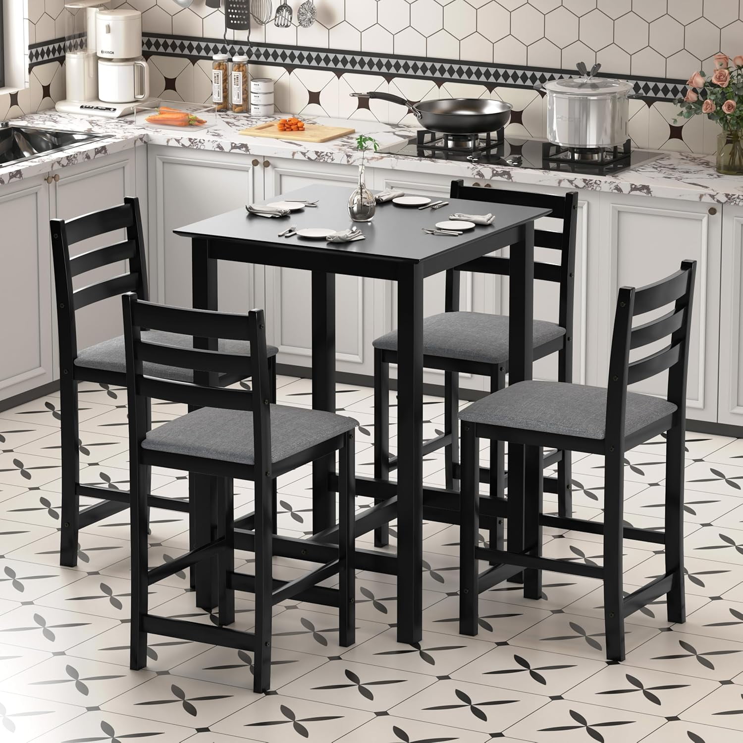 27.5 inch Bar Table and Chairs Set, Solid Wood Bar Height Pub Table and ...