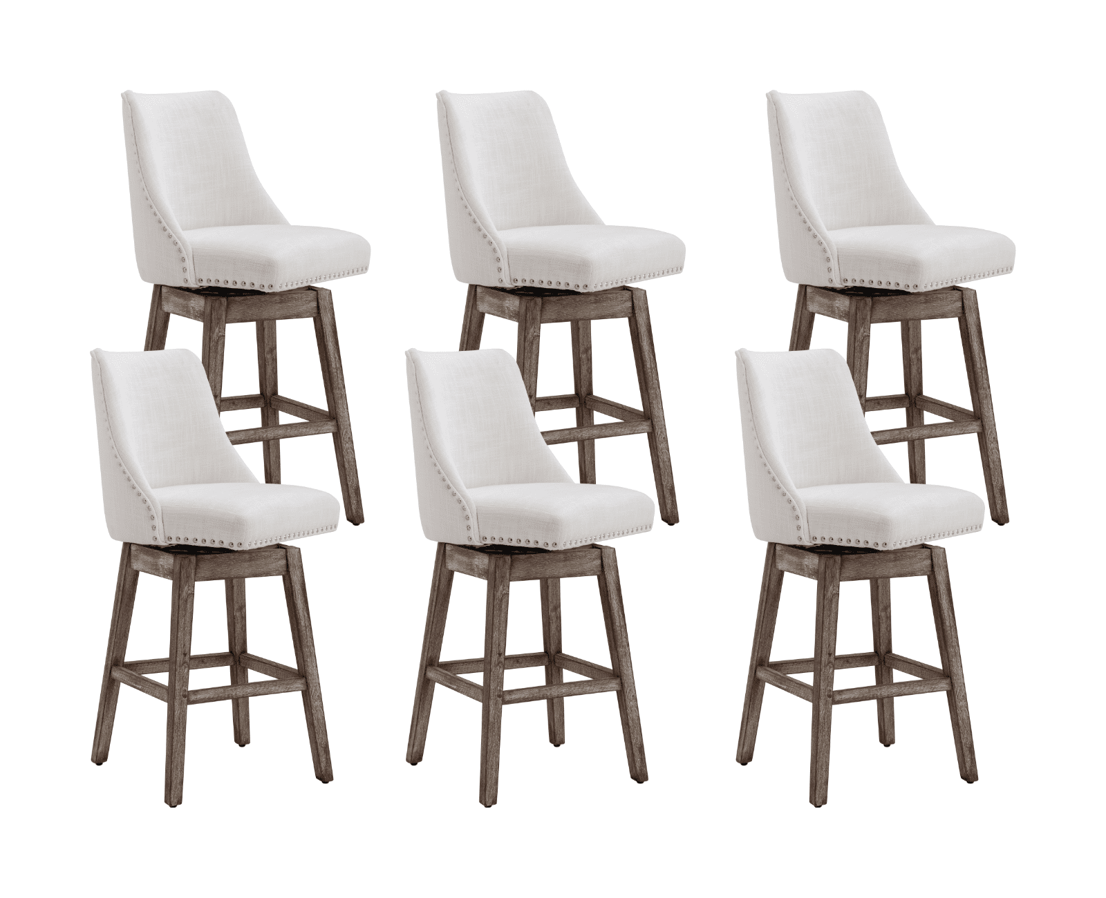Guyou 27.5"Counter Height Bar Stools Set of 6, Nailhead Trim Linen Barstools with Back and Wood Legs, 360°Swivel Upholstered Stool Chairs for Kitchen Island Breakfast Bar Restaurant, Cream