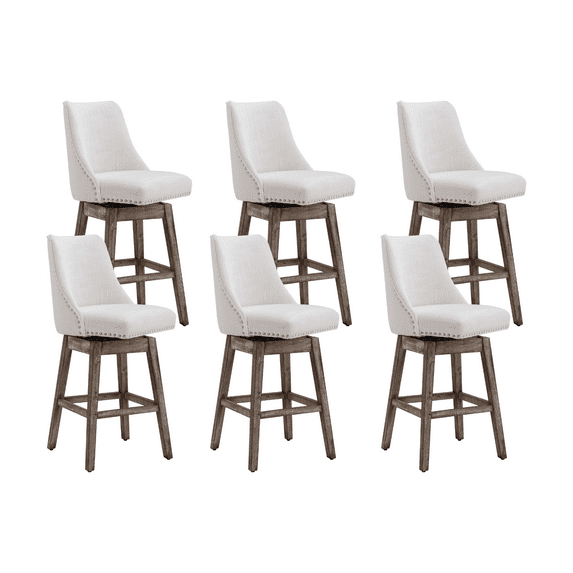 Guyou 27.5"Counter Height Bar Stools Set of 6, Nailhead Trim Linen Barstools with Back and Wood Legs, 360°Swivel Upholstered Stool Chairs for Kitchen Island Breakfast Bar Restaurant, Cream
