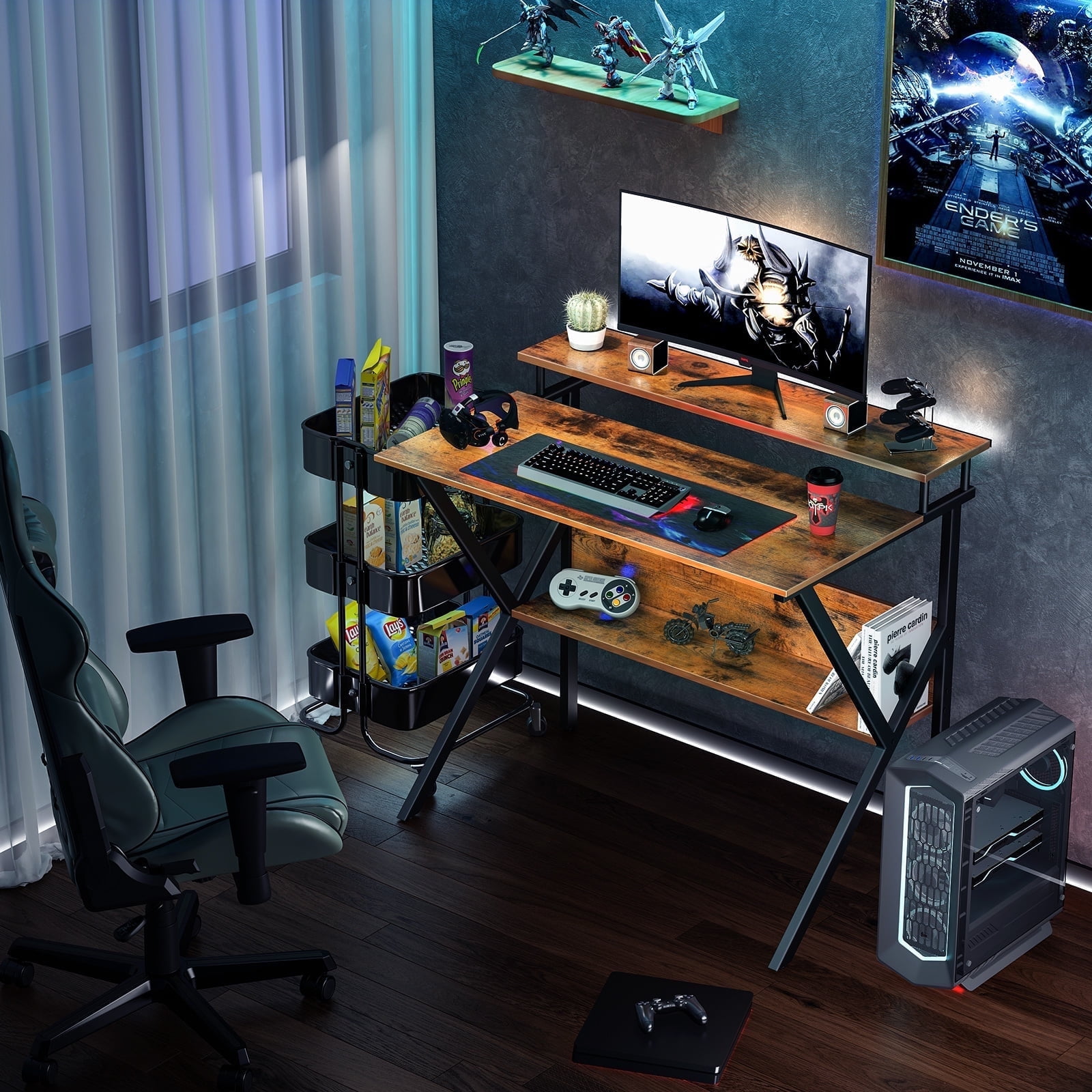 Vintage Brown Particle Board Gaming Desk with Storage Shelves
