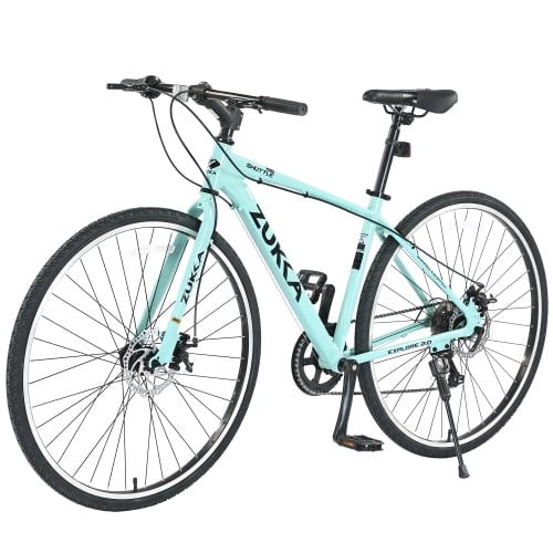 Aezusy Mountain Bike, 7 Speed Aluminum Alloy Frame 700C Hybrid Bike Road Bike for Ages 16+, Fits Riders 5'3"-5'8", Men Women's City Bicycle, Green