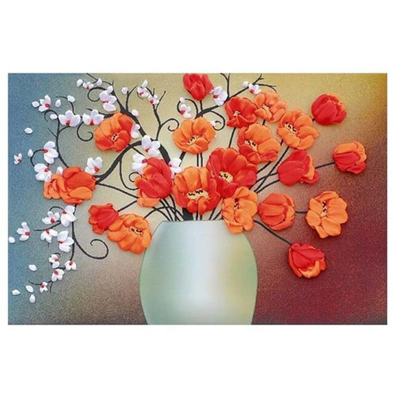27.5 x 19.6 in. Flower Ribbon Embroidery Cross Stitch Kit for Beginner Flower Design DIY Home Wall Decor, Orange