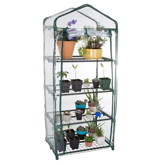 Compact 4-Tier Green Iron Mini Greenhouse with Zippered PVC Cover