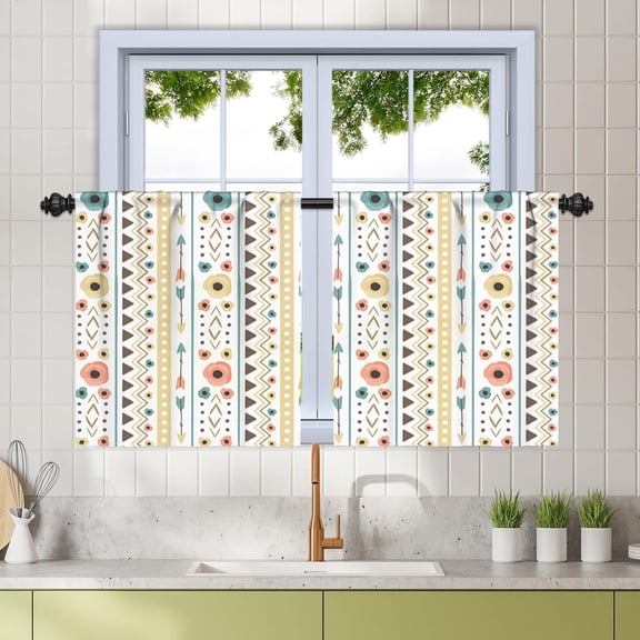 27.5 x 24 Inch Boho Curtains Drapes Colorful Geometric Print Linen Textured Rod Pocket Window Treatment Bohemian Curtains for Living Room Bedroom Farmhouse Coffee Rustic Curtain 2 Panels