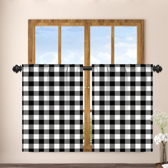 27.5 x 24 Inch Buffalo Plaid Check Kitchen Tier Curtains Short Gingham Rod Pocket Linen Window Curtains Small Rustic Window Treatment for Cafe Bathroom Basement Half Window Black White 2 Panels