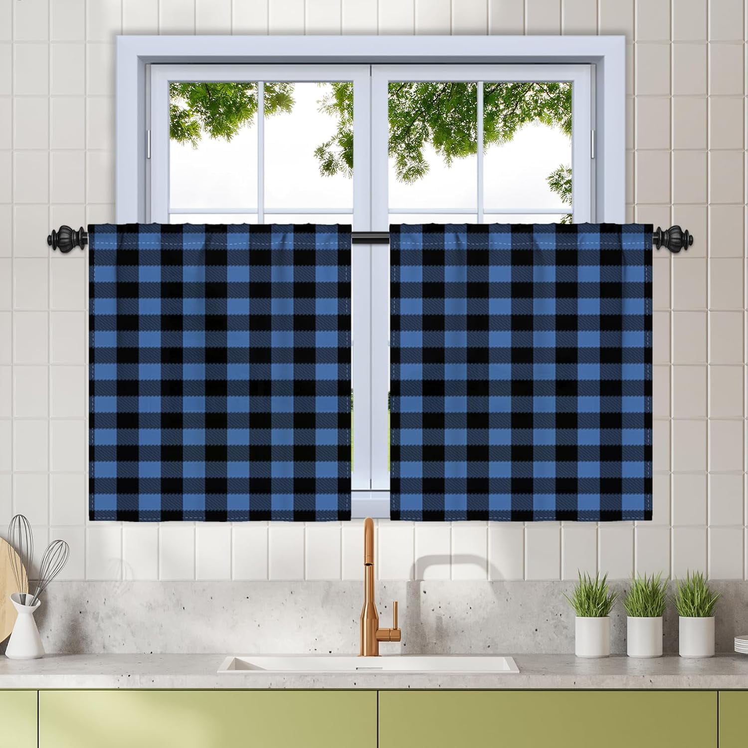27.5 x 24 Inch Buffalo Plaid Gingham Cafe Half Window Tier Curtains Farmhouse Check Tiers Curtain Kitchen Bathroom Dining Room RV Light Filter Window Curtains with Hook Belt Blue Black 2 Panels