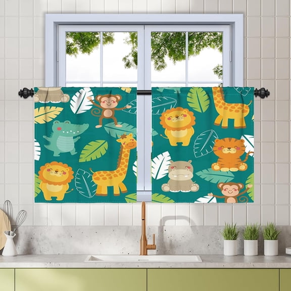 27.5 x 24 Inch Cartoon Animals Short Curtains for Kitchen RV Camper Window Forest Woodland Giraffe Lion Tiger Nursury Linen Tier Curtains Leaf Dinosaur Monkey Rod Pocket Window Drapes 2 Panels