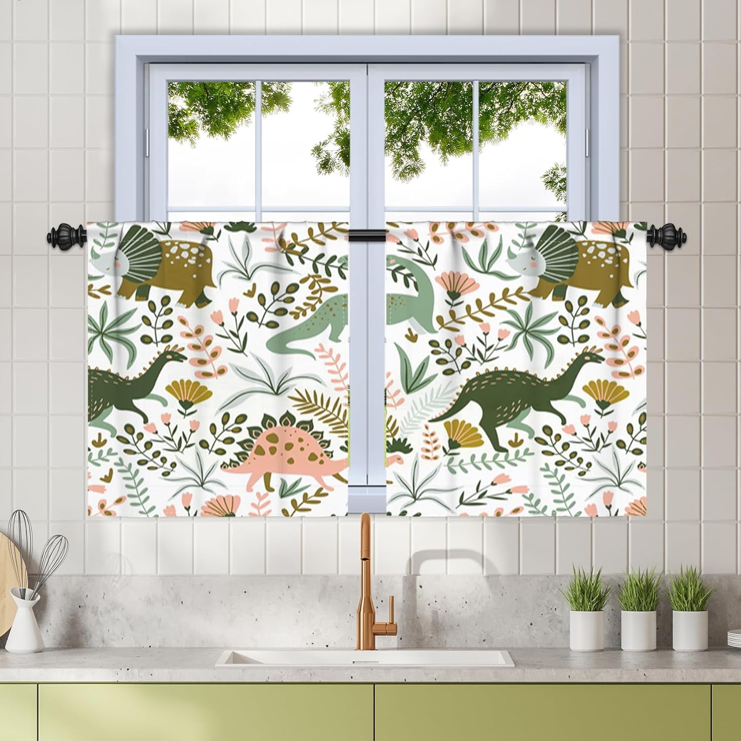 27.5 x 24 Inch Dinosaur Bathroom Curtains for Kitchen Dining Room Cartoon Dino Safari Toddler Rod Pocket Room Curtains Tropical Jungle Plants Light Block Out Window Drapes Heavy Linen 2 Panels