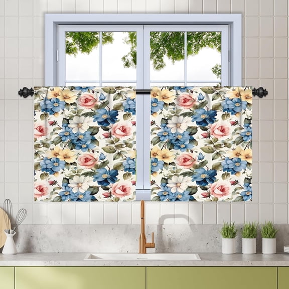 27.5 x 24 Inch Floral Kitchen Curtains Blue Pink Spring Flowers Multi-Colo Bathroom Window Curtains Small Cafe Curtains for Farmhouse Bathroom Elegant Colorful Rod Pocket Linen Curtains 2 Panels