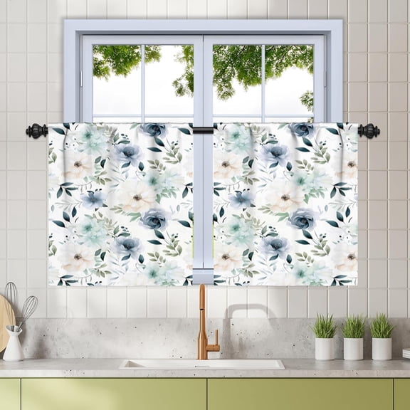 27.5 x 24 Inch Flower Kitchen Tier Curtains for Window Light Yellow Blue Green Flowers Farmhouse Short Mini Curtain Linen Short Drapes Window Treatment for Bedroom Bathroom Rod Pocket 2 Panels