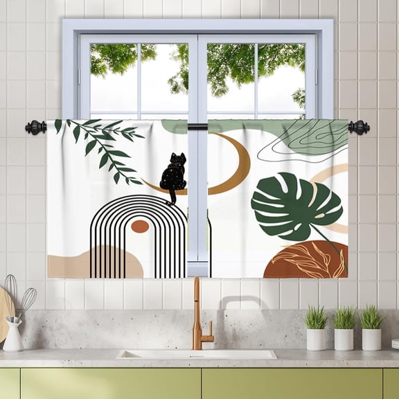 27.5 x 24 Inch Mid Century Minimalist Tier Curtains for Kitchen Over Sink Black Cat Tropical Palm Leaf Bathroom Window Curtains Decor Boho Abstract Arch Moon Rod Pocket Drapes Linen 2 Panels