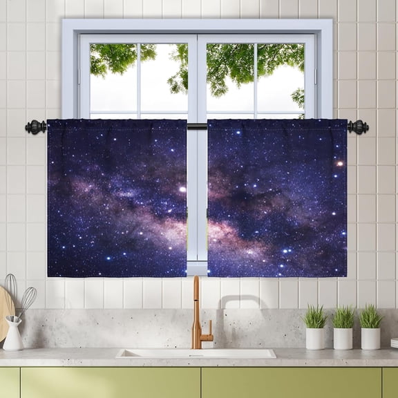 27.5 x 24 Inch Purple Galaxy Kitchen Window Curtains Tier Outer Space Universe Nebula Decor for Girls Teens Bathroom Fantasy Starry Sky Window Drapes Darking Curtains Rod Pocket 2 Panels