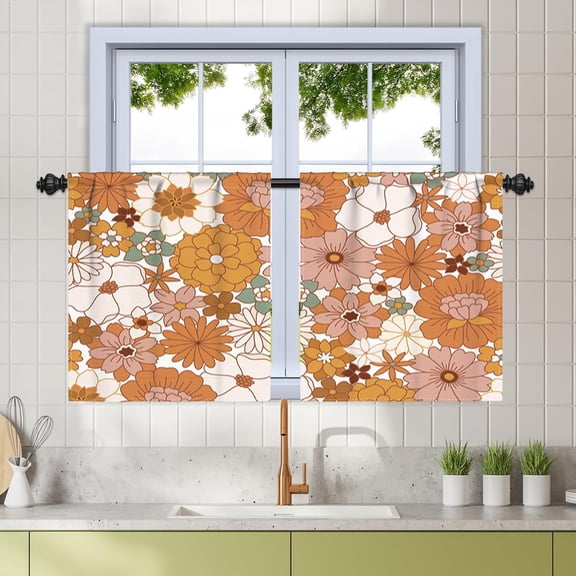 27.5 x 36 Inch 70S Floral Kitchen Curtains for Half Window Orange Flower Pattern Aesthetic Boho Rod Pocket Curtain Linen Texture Small Short Window Treatment Drapes for Bathroom Bedroom 2 Panels