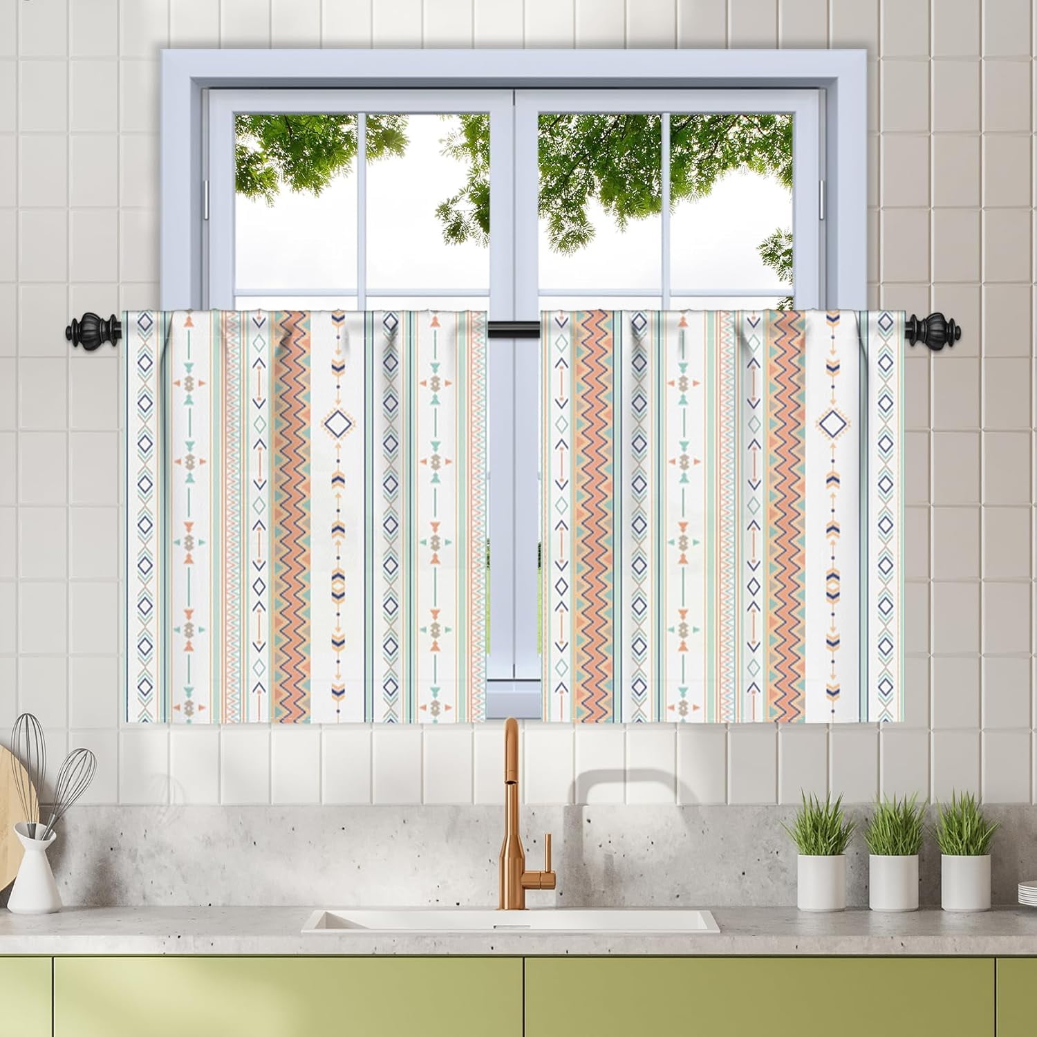 27.5 x 36 Inch Bohemian Curtains Linen Rod Pocket Window Treatment Curtain for Living Dining Room Bedroom Decor Farmhouse Boho Geometric Striped Printed Light Filtering Window Drapes 2 Panels