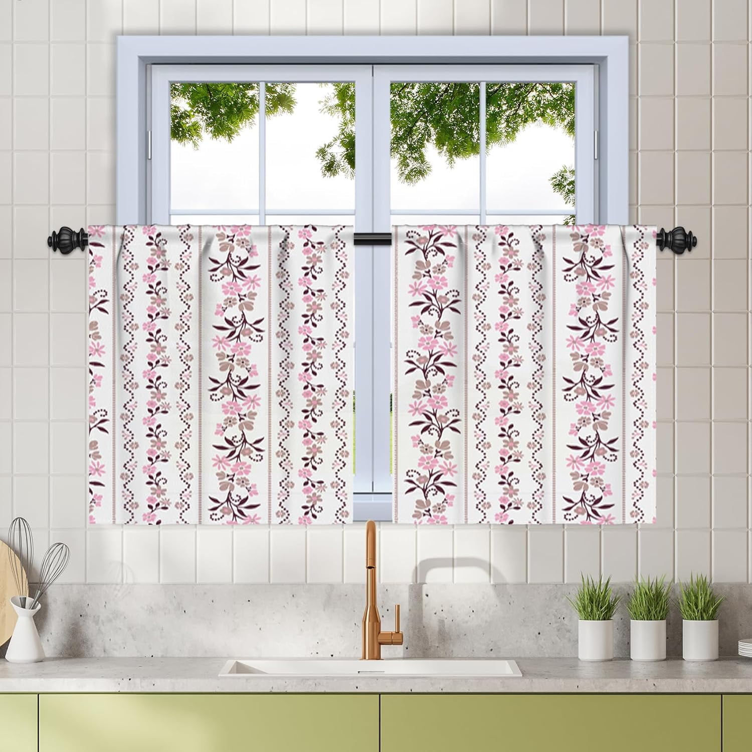 27.5 x 36 Inch Boho Floral Curtains for Bedroom Breathable Linen Country Bohemian Floral Printed Spring Farmhouse Rustic Curtain for Living Room Light Filtering Window Treatment Drapes 2 Panels