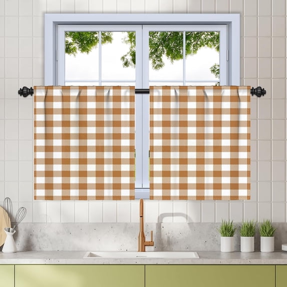27.5 x 36 Inch Buffalo Check Tier Curtains for Kitchen Thick Linen Buffalo Plaid Gingham Rod Pocket Cafe Bathroom Small Curtains Short Kitchen Window Drapes Dark Orange White 2 Panels