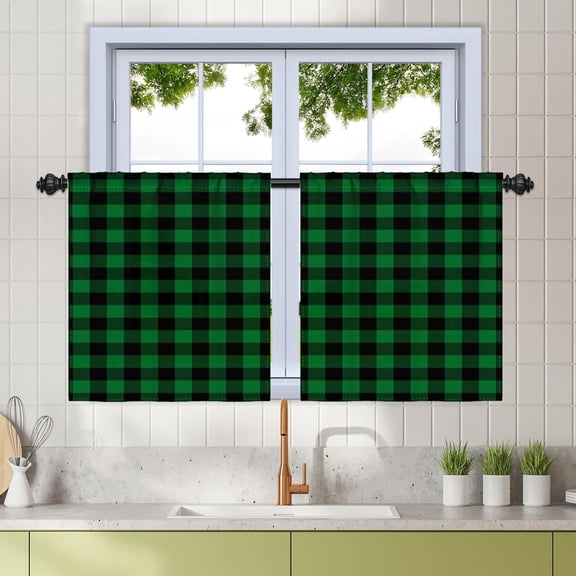 27.5 x 36 Inch Buffalo Plaid Check Kitchen Tier Curtains Short Gingham Rod Pocket Linen Window Curtains Small Rustic Window Treatment for Cafe Bathroom Basement Half Window Green Black 2 Panels