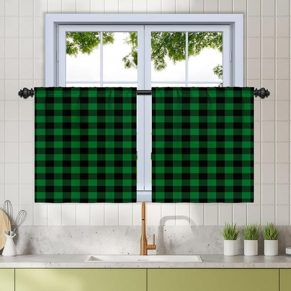 27.5 x 36 Inch Buffalo Plaid Check Kitchen Tier Curtains Short Gingham Rod Pocket Linen Window Curtains Small Rustic Window Treatment for Cafe Bathroom Basement Half Window Green Black 2 Panels