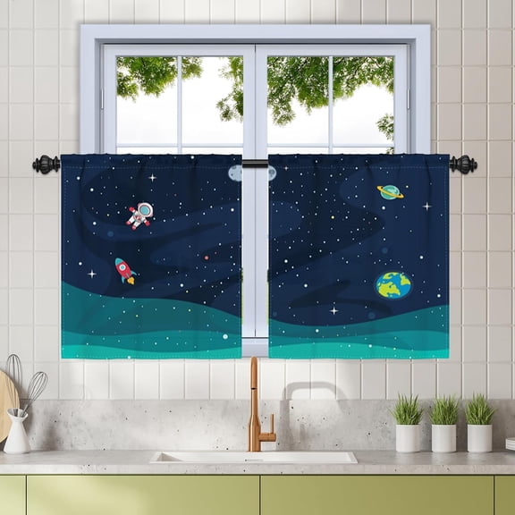 27.5 x 36 Inch Cartoon Space Blackout Tier Curtains for Bathroom Kitchen Small Window Galaxy Astronaut Planets Privacy Linen Curtain Cafeteria RV Camper Window Treatment Rod Pocket Tab 2 Panels