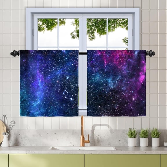 27.5 x 36 Inch Galaxy Kitchen Curtains Out Space Blue Nebula Universe Room Decor Starry Star Fantasy Night Sky Printed Curtains Kids Boys Bedroom Dining Room Window Drapes Rod Pocket 2 Panels