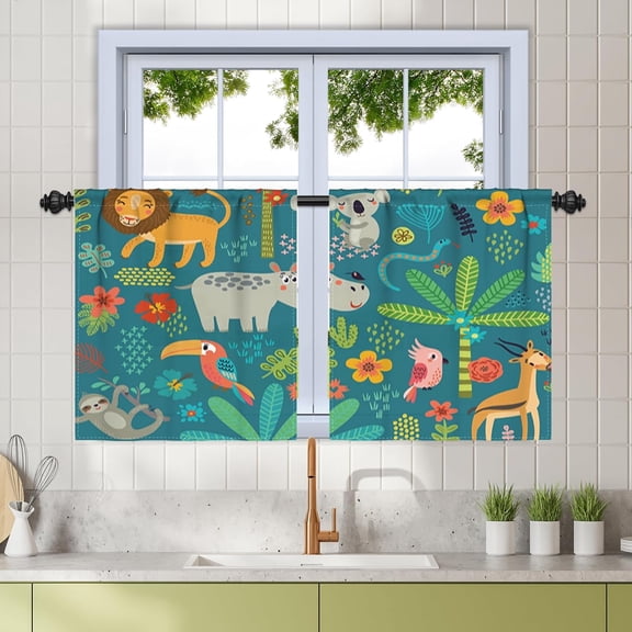 27.5 x 36 Inch Kids Safari Animal Window Tier Curtains for Kitchen Bathroom Cute Tropical Jungle Curtains Cartoon Wild Plant Cafe RV Window Drapes Natural Theme Window Treatments Linen 2 Panels