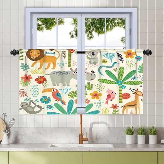 27.5 x 36 Inch Safari Animal Curtains Short Rod Pocket Breathable Linen Curtain Tier Hippo Crocodile Lion Elephant Giraffe Woodland Zoo Window Drapes for Kids Nursery Bedroom 2 Panels