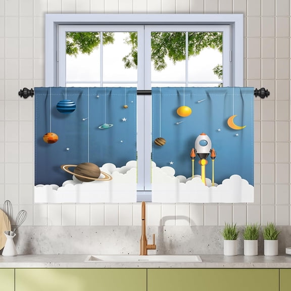 27.5 x 36 Inch Solar System Kitchen Tier Curtains Cartoon Outer Space Planet Bathroom Cafe Small Curtains for Half Window Treatment Decor Universe Linen Drapery Back Tab Rod Pocket 2 Panels