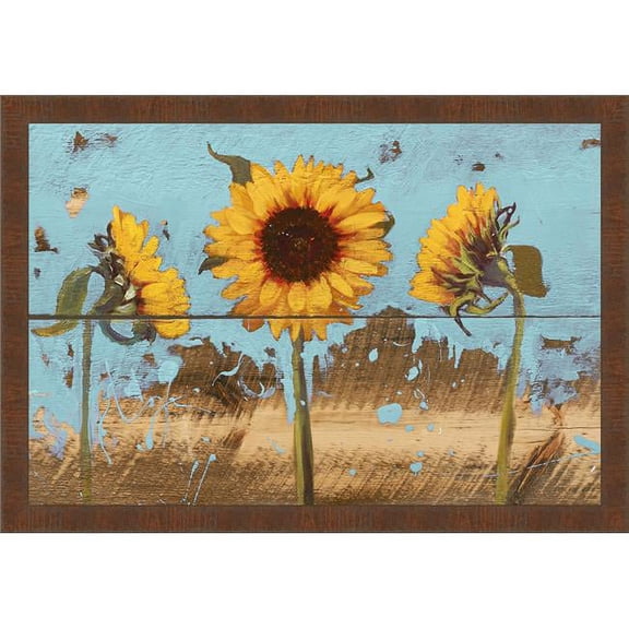 27.5 x 37.5 in. Sunflowers on Wood IV, Framed Textured Fine Art Print - Brown