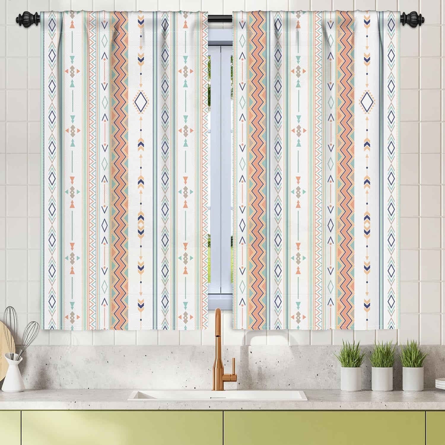 27.5 x 39 Inch Bohemian Curtains Linen Rod Pocket Window Treatment Curtain for Living Dining Room Bedroom Decor Farmhouse Boho Geometric Striped Printed Light Filtering Window Drapes 2 Panels