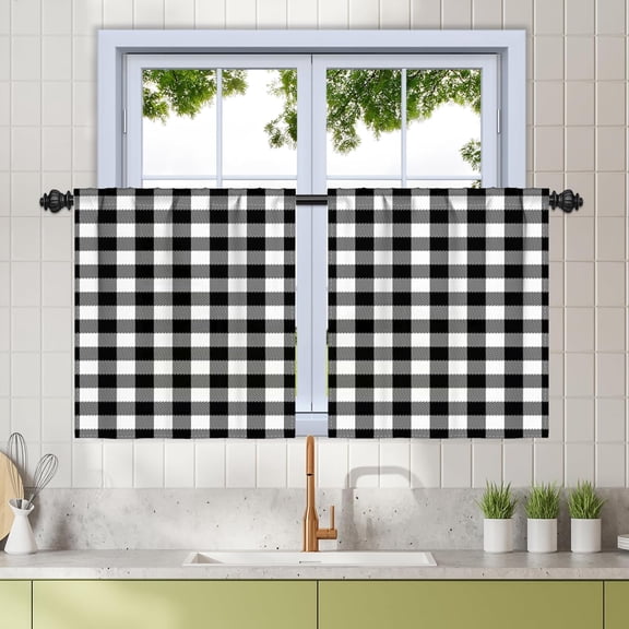 27.5 x 39 Inch Buffalo Plaid Check Kitchen Tier Curtains Short Gingham Rod Pocket Linen Window Curtains Small Rustic Window Treatment for Cafe Bathroom Basement Half Window Black White 2 Panels