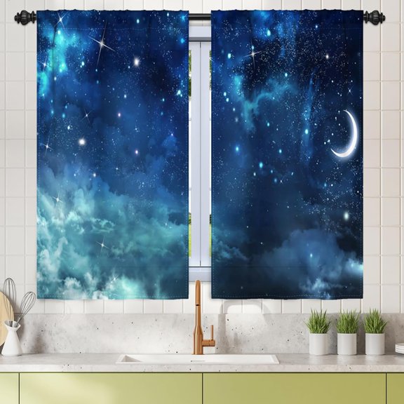 27.5 x 39 Inch Galaxy Small Kitchen Tier Curtains Space Nebula Cafe Half Window Curtains Universe Blue Starry Star Moon Bathroom Basement Privacy Window Treatment Tiers Rod Pocket Linen 2 Panels