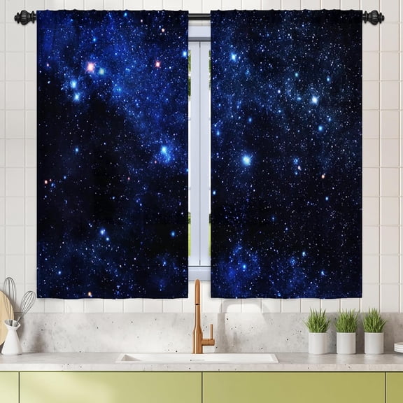 27.5 x 39 Inch Universe Kitchen Curtains Night Blue Galaxy Cafe Short Curtains for Bathroom Half Window Twinkle Star Rod Pocket Window Tier Drapes Outer Space Window Treatments Linen 2 Panels