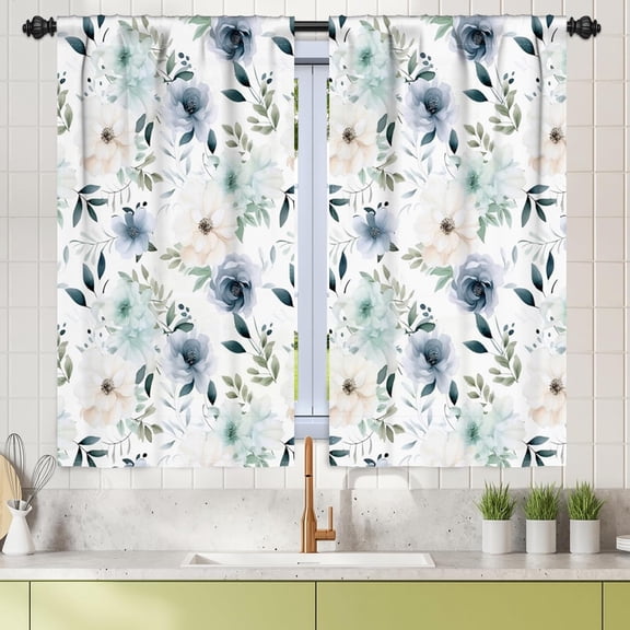 27.5 x 39 Inch Watercolor Floral Kitchen Curtains for Window Yellow Blue Green Flowers Farmhouse Short Mini Curtain Linen Short Cafe Window Treatment Tiers for Bathroom Rod Pocket 2 Panels