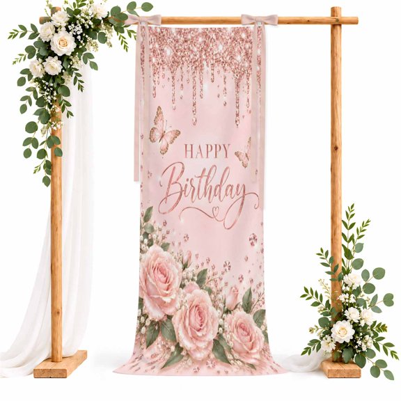 27.5" x 78.74" Pink Rose Banner, Happy Birthday Blush Pink Butterfly Rose Gold Glitter Photo Booth Backdrop, Reusable Long Fabric Banner for Yard & Wall Decor, Birthday Wedding Party Decorations