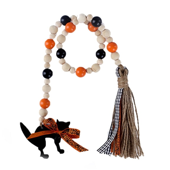 27.51in Halloween Black Cat Wooden Bead Garland, Orange Black Natural Wood Bead Tassel Hanging Tag, Farmhouse Tiered Tray Mantel Door Rail Fall Decor