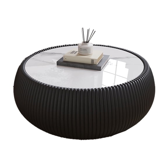 27.55" Black Round Coffee Table, Drum Coffee Table with Sintered Stone Tabletop and Fluted PU Leather Covered and Stable Base, Circle Cocktail Tea Table for Living Room