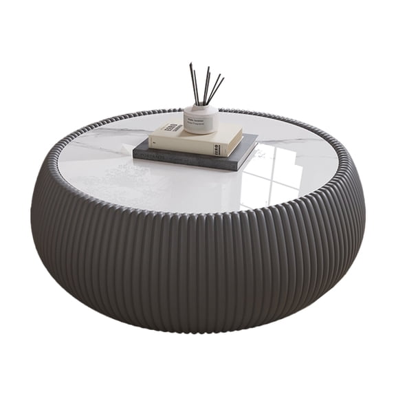 27.55" Grey Round Coffee Table, Drum Coffee Table with Sintered Stone Tabletop and Fluted PU Leather Covered and Stable Base, Circle Cocktail Tea Table for Living Room