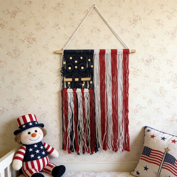 27.55 Inch Handmade Macrame USA Flag Wall Hanging Boho Patriotic Woven Tapestry For 4th Of July Independence Day Home Decor