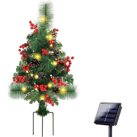 27.55 Inch Solar Powered Grounded Christmas Tree with LED Lights - Outdoor Xmas Decoration with Berries & Pinecones, Festive Yard Garden Ornament