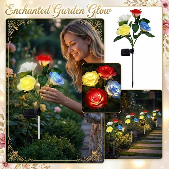 27.55" Solar Rose Garden Light Stake, Realistic Artificial Flower Outdoor LED Lamp, Waterproof ABS Landscape Lighting for Yard, Lawn, Patio, Villa, and Park Decoration